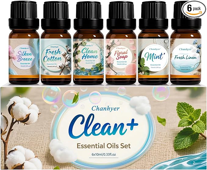 Clean Essential Oils Set 6 x 10ml–Fresh Linen, Mint,Clean Home,Silken Breeze, Fresh Cotton, Floral Soap for Diffuser, Home...