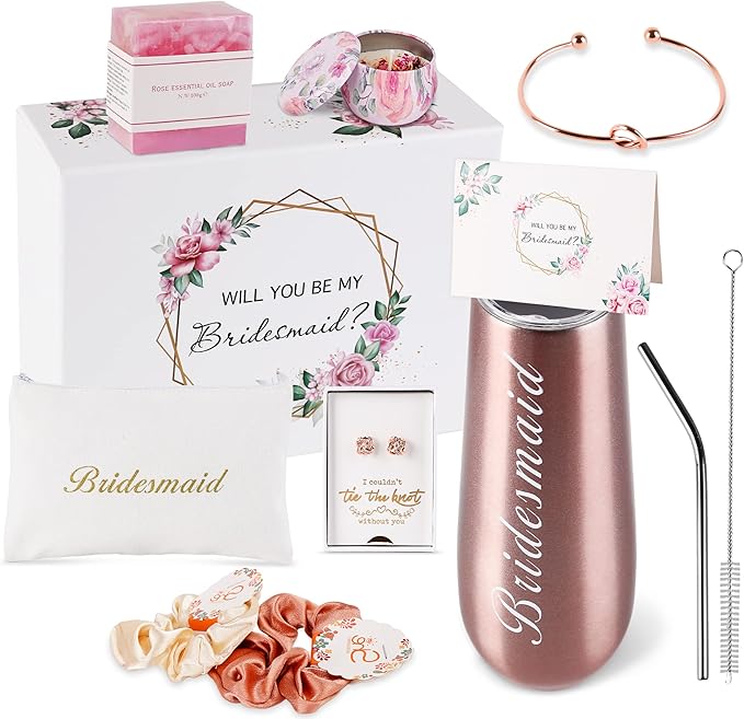 DHQH Bridesmaid Proposal Gifts Box Sets From Bride,Will You Be My Bridesmaid,6 oz Bride Tribe Stainless Steel champagne gl...