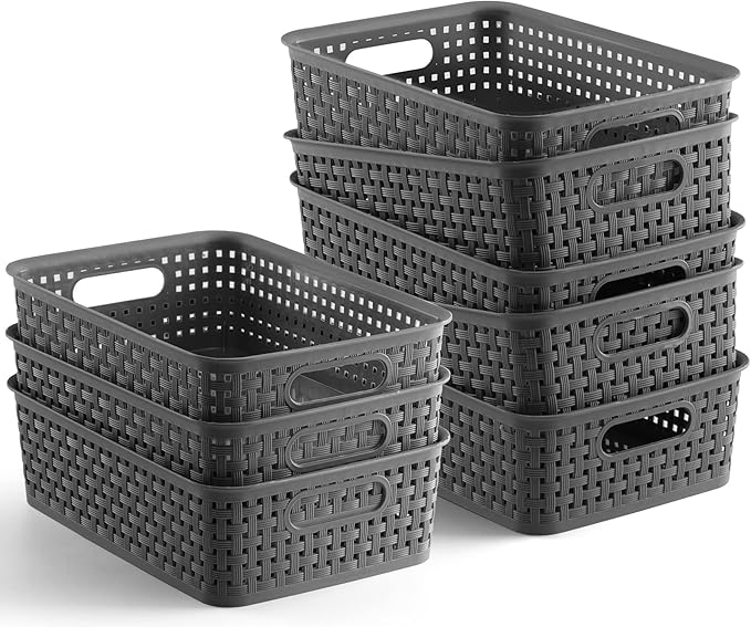 NETANY Plastic Storage Baskets - 8 Pack, Gray, Durable, Easy to Use, Flexible, Multi-Purpose, Ideal for Closets, Cabinets,...