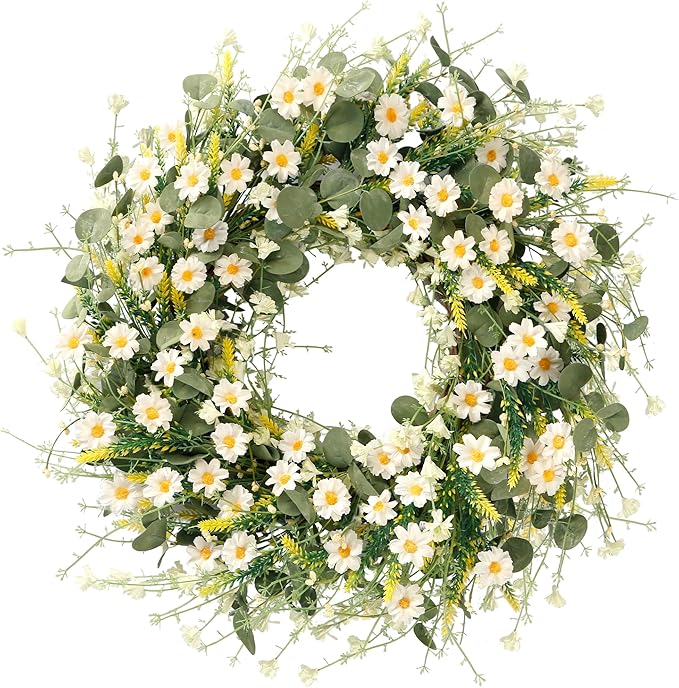Sggvecsy White Daisy Wreath 24 Inch with Fake Silk Floral Green Eucalyptus Leaves and Lavender for Spring Summer Front Doo...