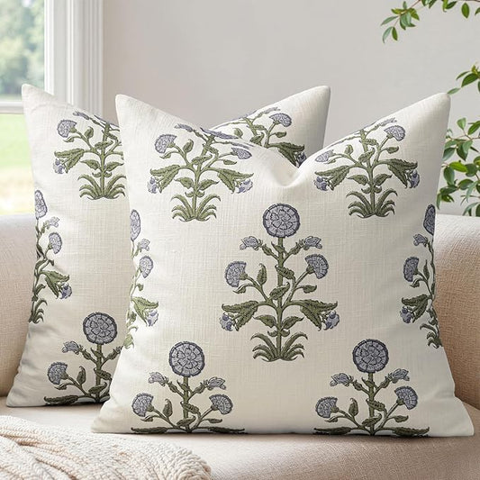 MIULEE Set of 2 Vintage Pillow Covers Neutral Decorative Floral Throw Pillows Block Print Boho Farmhouse Cushion Covers fo...