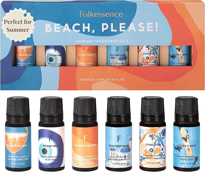 Folkulture Beach Essential Oil Set of 6 | Summer Essential Oils for Diffusers for Home, Humidifiers, Aromatherapy | Nerol...
