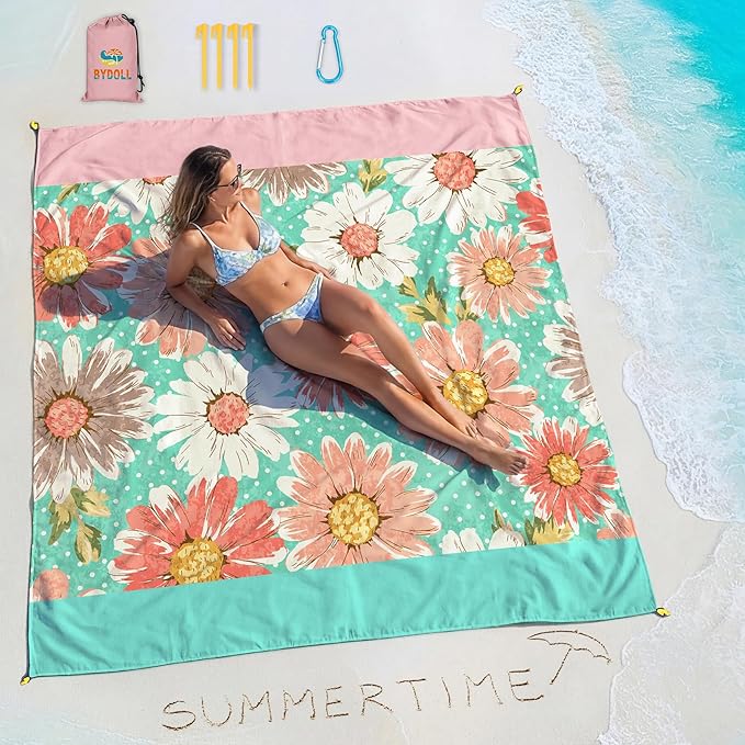 BYDOLL Beach Blanket Waterproof Sandproof 78''×81'' Suits1-4 Adults Compact Lightweight Oversized Sand-Free Blanket Large ...