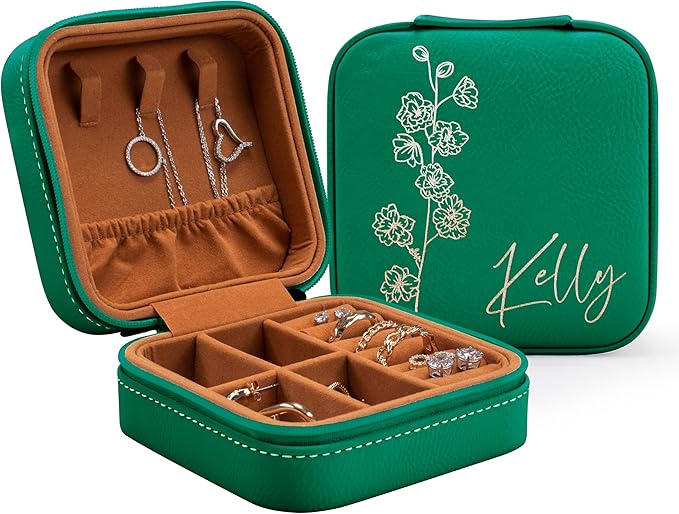 Custom Leather Jewelry Box w/Name & Birth Flower Month - Birthday Gifts for Women, Personalized Jewelry Travel Case - Cust...