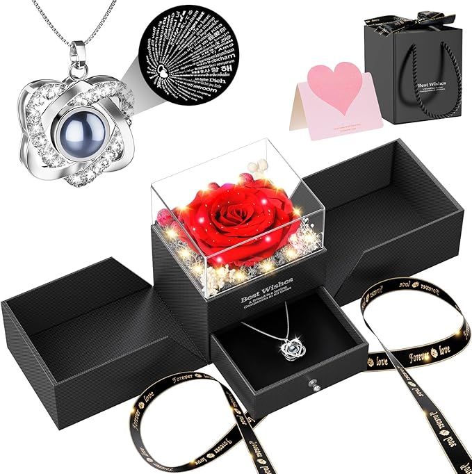 Preserved Red Rose Necklace with I Love You Heart - Forever Flowers Romantic Gifts for Women Mom Wife Girlfriend Grandma, ...
