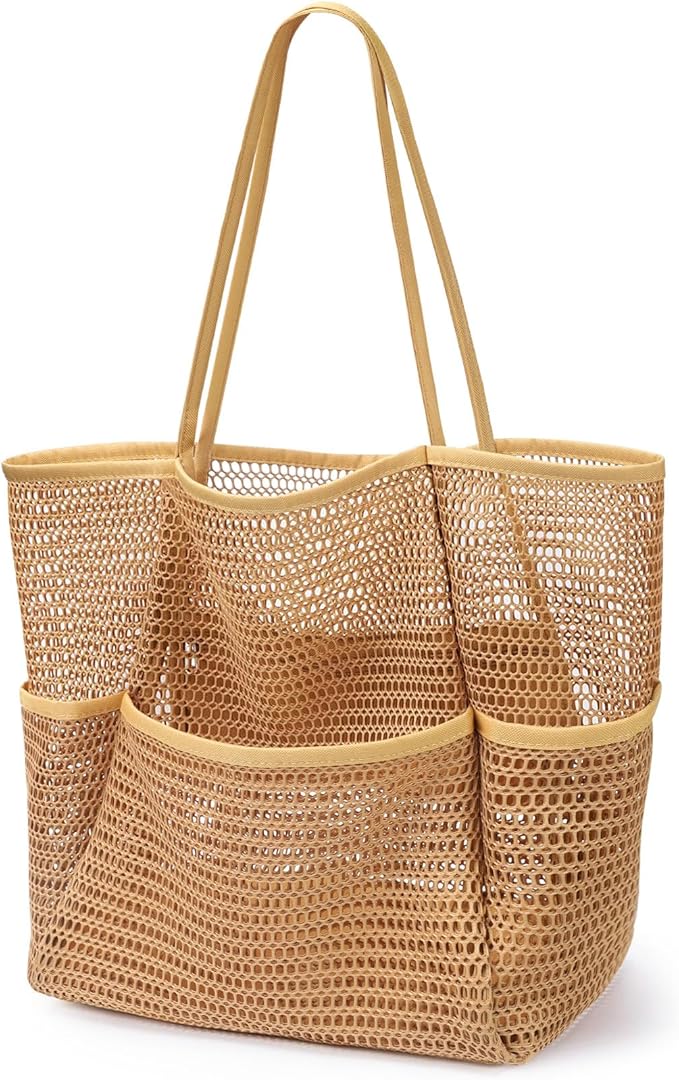 KPX Beach Bag with Mini Pocket, Summer Beach Tote Bags for Women Large Foldable Mesh Swimming Pool Travel Bags - Sandproof