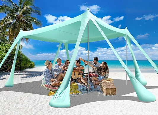 Ahititi Beach Tent Sun Shelter Beach Canopy Tent Sun Shade Pop Up 10x10 UPF50+ with 8 Sandbags-2 Sand Shovel-Portable 4 Al...
