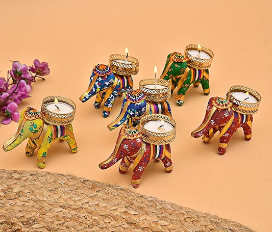 ARTISENIA Elephant Tealight Candle Holder Set of 6 | Handmade Multicolor Diya Stand for Diwali Decoration, Christmas, Fest...