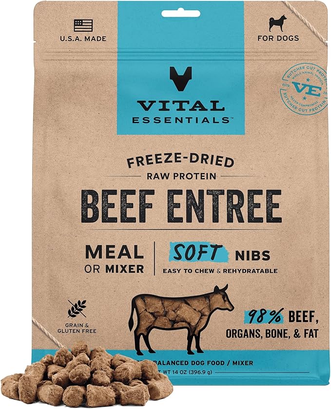 Vital Essentials Freeze Dried Dog Food, Raw Beef Soft Nibs | Complete Meal or Topper | 98% Beef, Organs & Bone | Limited I...