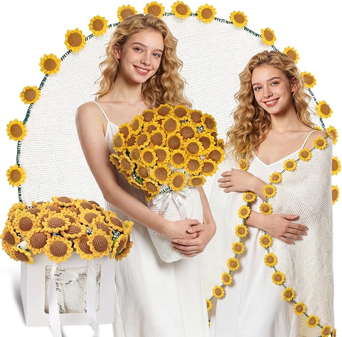 Sunflower Bouquet Blanket, Knitted Soft Cozy Flower Blanket Bouquet, Yellow Sunflower Gifts for Women Mothers Mom Grandma ...