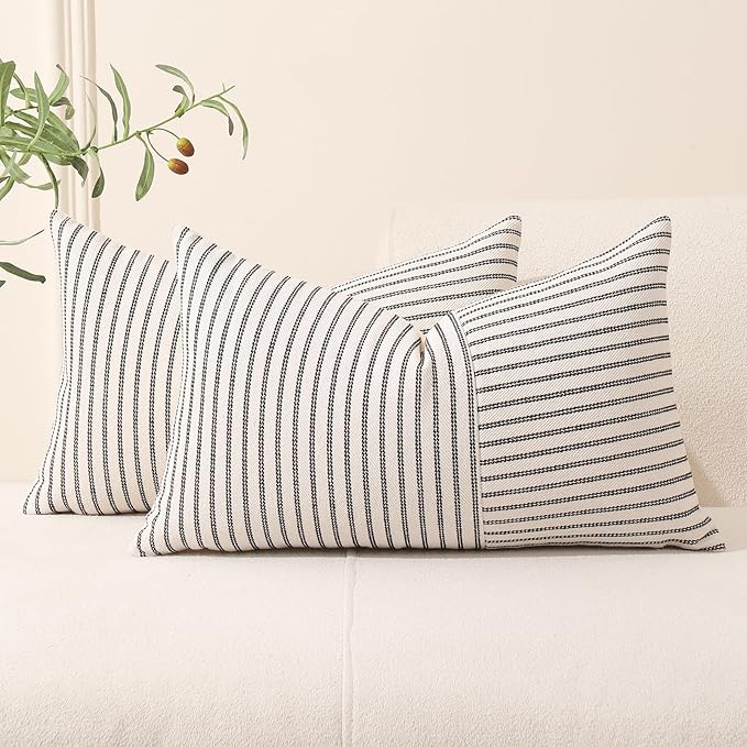 Hckot Farmhouse Pillow Covers 12x20, Lumbar Throw Pillow Covers Set of 2, Black Striped Patchwork Linen Decorative Pillows...
