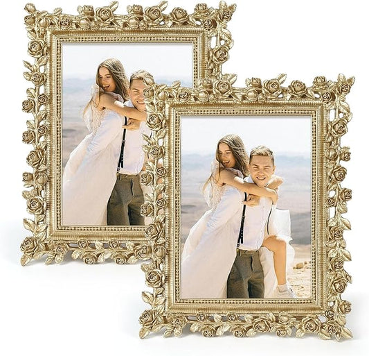 FOLKOR 5x7 Wedding Frame Gold, 2 Pack Decorative Picture Frame with Stand for Tabletop Shelf Decor, Antique Brass Floral P...