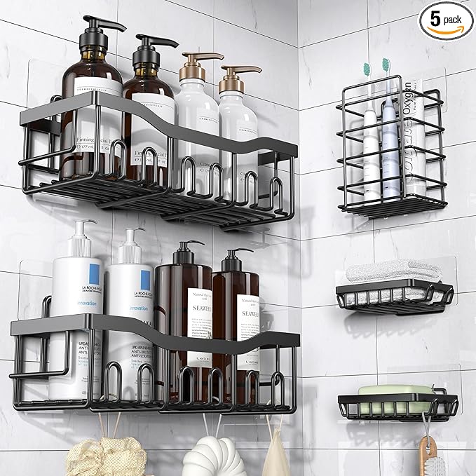 EUDELE Adhesive Shower Caddy, 5 Pack Rustproof Stainless Steel Bath Organizers With Large Capacity, No Drilling Shelves fo...