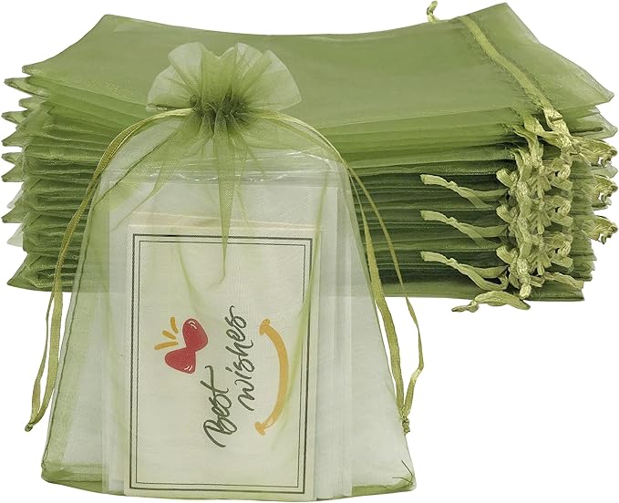 Jexila 100PCS Organza Bags 4''X6'' Olive Green Small Mesh Gift Bags with Drawstring for Jewelry, Party Favor, Candy, Fruit...