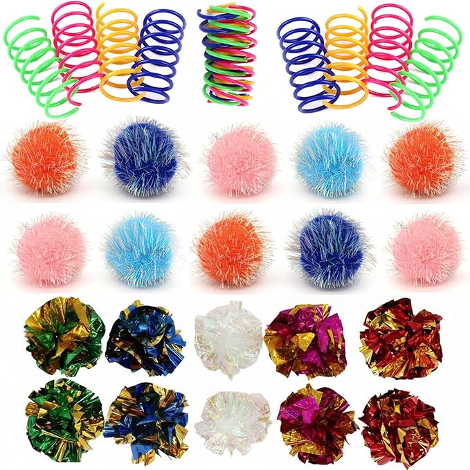 LASOCUHOO Cat Toys, 30 Packs Interactive Cat Toy Pack Including Cat Crinkle Balls, Cat Sparkle Balls, Spiral Springs for K...