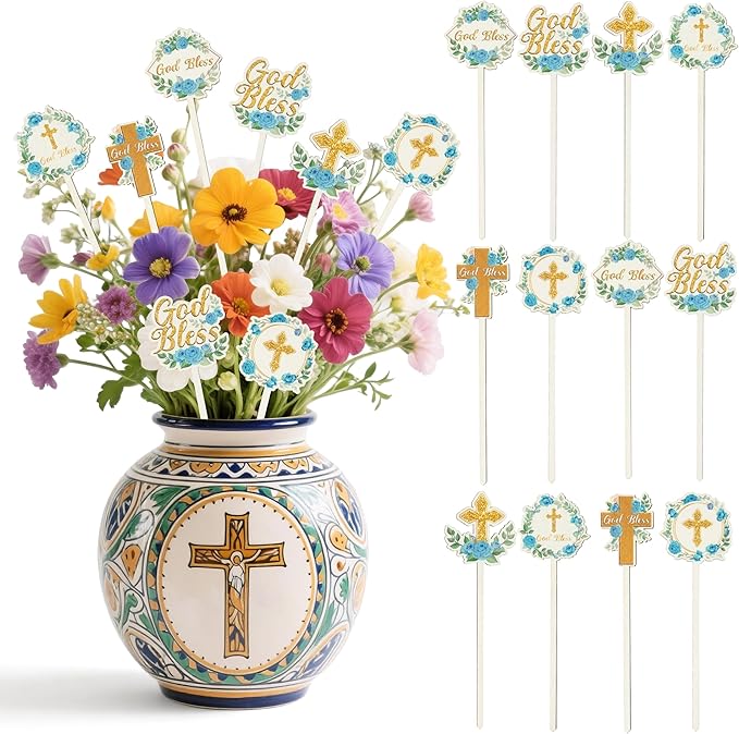 TICIAGA Floral God Bless Decorative Picks - 12PCS Religious Flower First Communion Cross Wooden Pick for Home Vase Filler ...