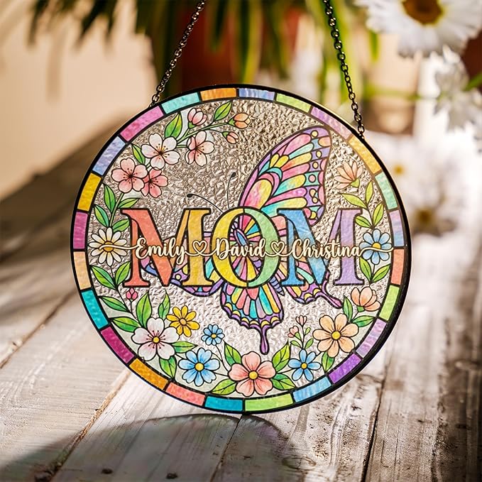 Noni Personalized Grandma Garden Stained Glass Suncatcher, Custom Birth Month Flower Window Hanging Ornament for Mom, Gran...