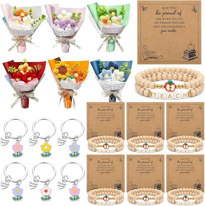 Wavwavw 6 Set Teacher Appreciation Gifts Bulk Include Positive Handmade Mini Crochet Flowers Bouquet Flower Keychains Wood...