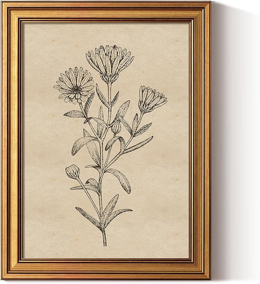 ARPEOTCY Gold Framed Canvas Art Prints,12x16inch, Botanical Wildflower Art Painting, Vintage Country Decor for Bathroom Be...