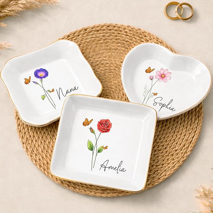 Personalized Birth Month Flower Trinket Tray for Women, Custom Jewelry Dish Birthday gifts for Women, Customized Birth Mon...
