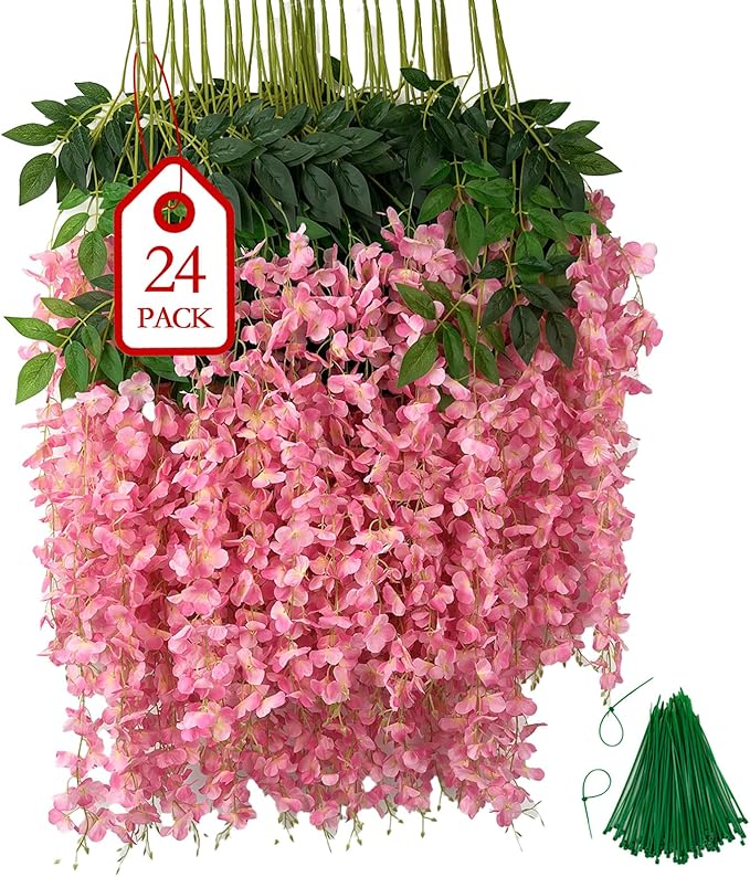 BIRDDIE 24Pcs of Artificial Wisteria Hanging Flowers, 3.75 Feet Fake Wisteria Flower Strings for Backdrop, Wedding, Ceremo...