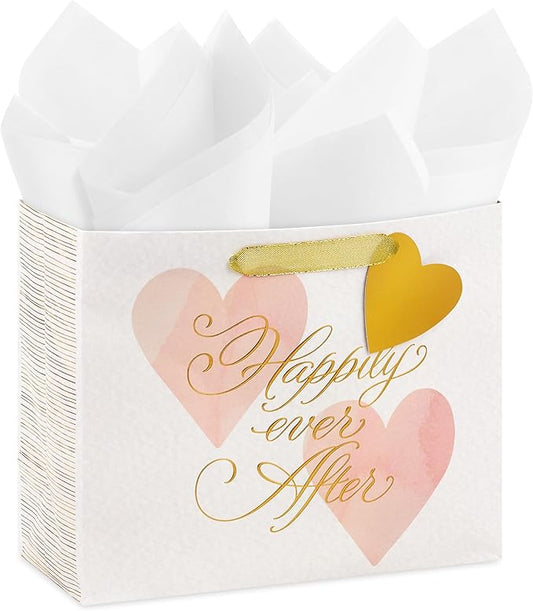 Hallmark 7" Medium Horizontal Gift Bag with Tissue Paper (Happy Ever After) for Weddings, Engagements, Bridal Showers
