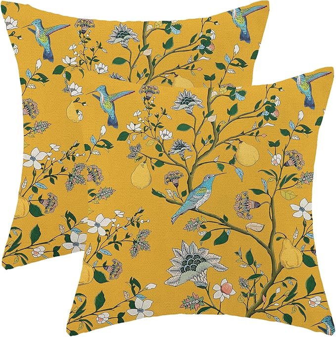 Vintage Mustard Yellow Floral Pillow Covers 20x20 Inch Set of 2 Boho Blue Hummingbird Wildflower Throw Pillows Spring Summ...