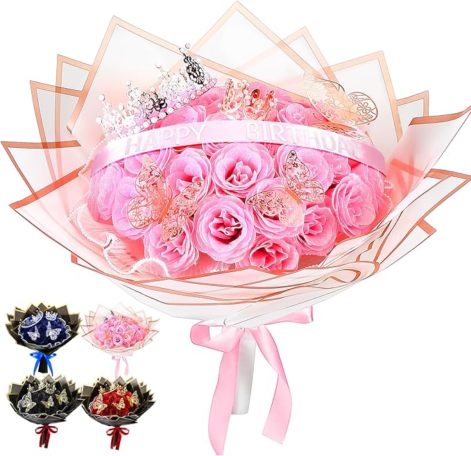 Thiccywoov 24 Pcs Glitter Roses Bouquet Artificial Rose DIY Flower Bouquet Kit Flower Wrapping Paper 3D Butterflies Crowns...