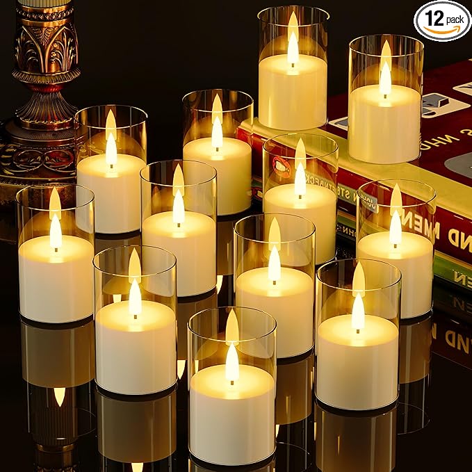 VIODAIM 12Pack Flickering Flameless LED Candles with Timer, Battery Powered - Small Pillar & Votive, Clear (2"X3")