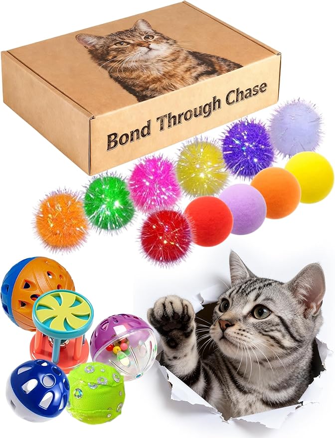 HEUHAI 25 Cat Toys Balls Set Indoor Kitten Safe Colorful Plush & Bell Balls for Play Chase Hunt Interactive Entertainment...