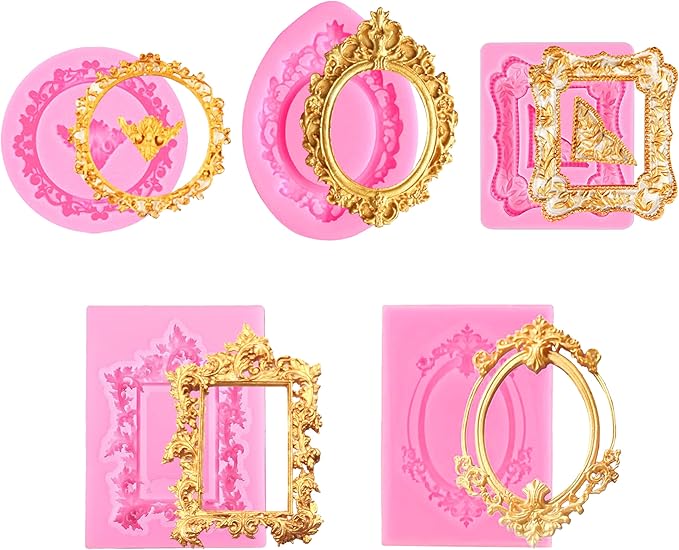 5 Pack Photo Frame Fondant Molds,Picture Frames Silicone Mold Vintage Frame Molds, Baroque Style Air Dry Clay Molds,For Ca...