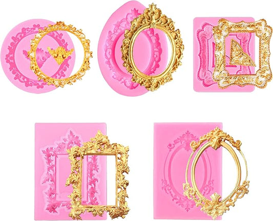 5 Pack Photo Frame Fondant Molds,Picture Frames Silicone Mold Vintage Frame Molds, Baroque Style Air Dry Clay Molds,For Ca...