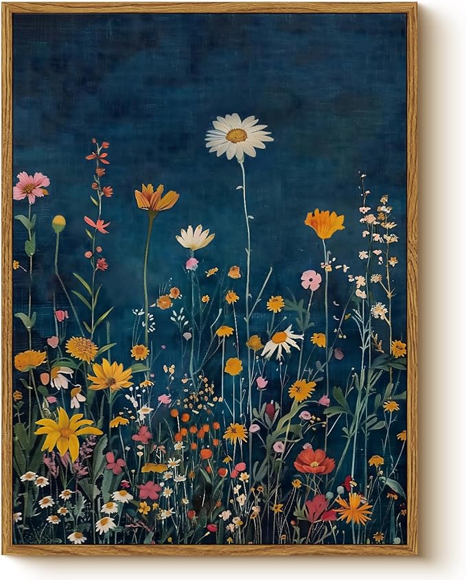 WHASAYART Botanical Floral Canvas Print 12x16 Framed Wildflower Wall Art, Rustic Dark Blue Colorful Flower Artwork, Vibran...