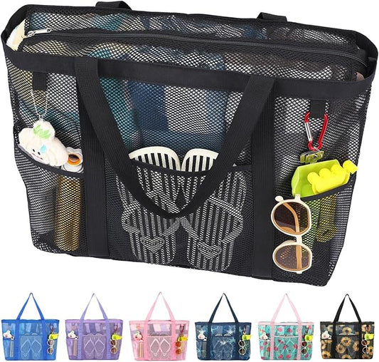 Fammart Mesh Beach Bag with Zipper for Women, Large Beach Tote Sandproof Toys Pool Swim Bag Travel Vacation Cruise Essentials