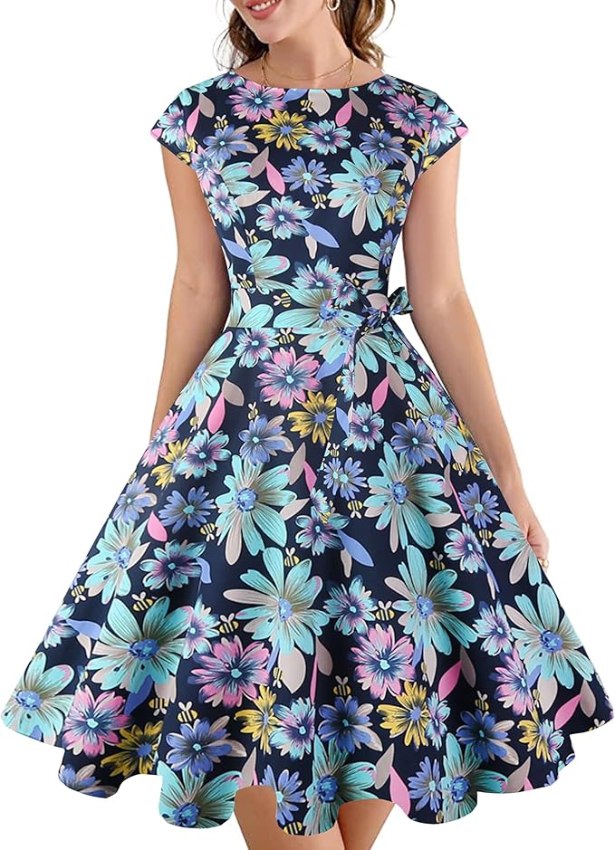 PUKAVT Women's 1950 Boatneck Cap Sleeve Vintage Swing Cocktail Party Dress with Pockets