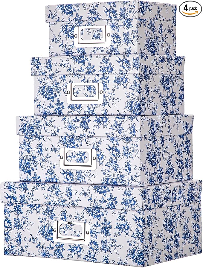 Briful Blue and white Porcelain Storage Boxes, Photos Storage Boxes with Lids 4 in 1 Set Water-proof Gift Boxes Sets Decor...