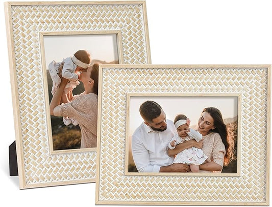 takfot 5x7 Boho Picture Frames 2 Pack Bohemian Rattan Decor Farmhouse Rustic Picture Frame Wood Photo Frames Living Room B...