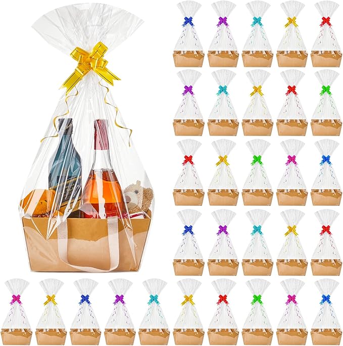Tuanse 30 Pcs Basket for Gift Empty DIY Bulk Gift Basket Kit with Handle Kraft Cardboard Tray with 30 Bag 30 Bow Market Tr...