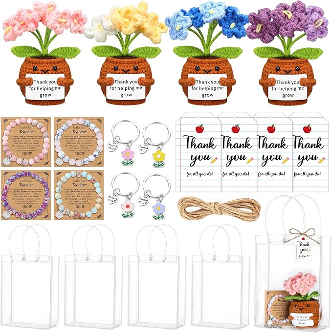 Wavwavw 4 Sets Teacher Appreciation Gifts Bulk Include Crochet Flower Dolls Thank You Crochet Gift Bracelets Keychains App...