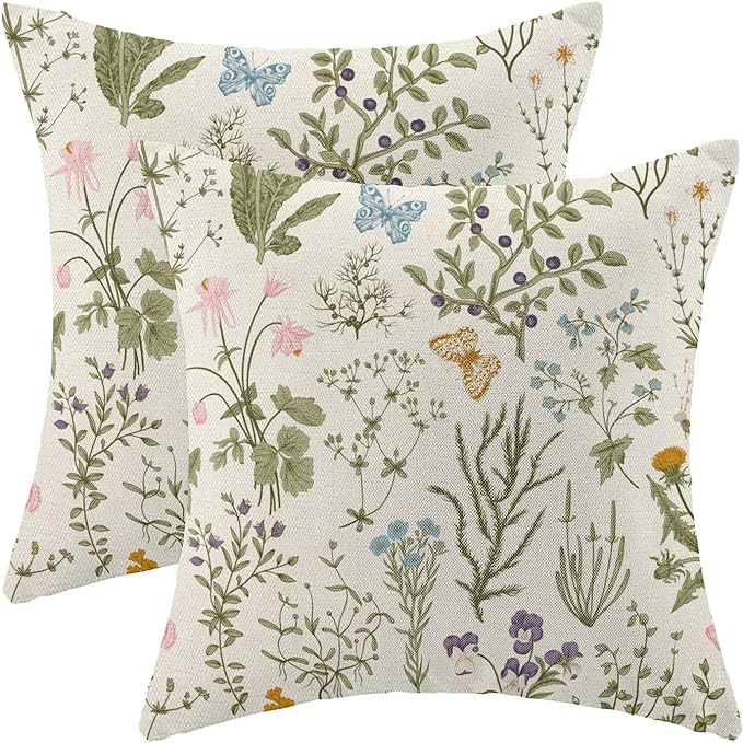 AEIOAE Spring Pillow Covers 18x18 Inch Set of 2,Sage Green Wild Flower Plant Throw Pillows Case,Seasonal Floral Outdoor De...