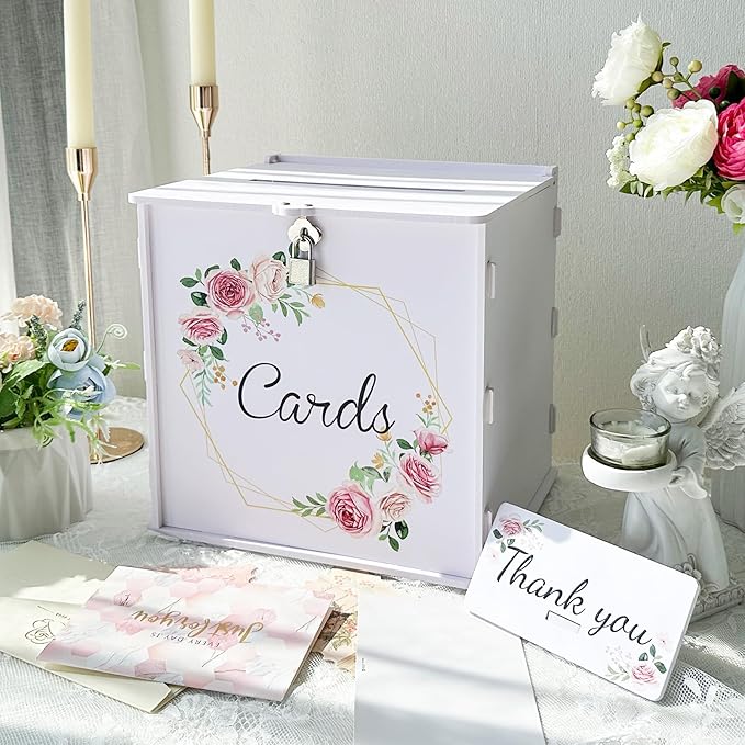 OurWarm White Wedding Card Box with Lock, PVC Gift Card Box for Wedding Decorations, Money Index for Party Honeymoon Fund ...