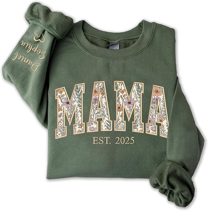 UrbanNEST Personalized Floral Embroidered Applique Mama Sweatshirt For Women, Custom Mom Gifts from Grandkids, Mama Sweate...