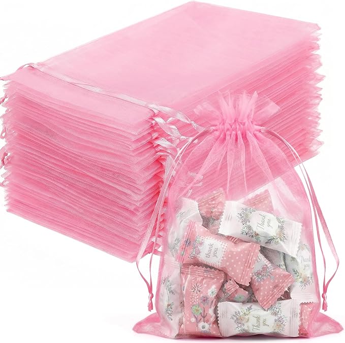 FUNFERY 100 Pcs Pink Organza Bags 5x7 in, Small Mesh Drawstring Gift Bags for Sachet, Jewelry, Candy, Wedding Favor, Valen...