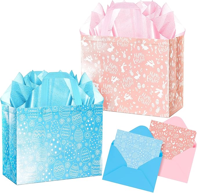 XiaosRen 2Pack Large Happy Easter Gift Bags with Card, Envelope and Tissue Paper, Reusable Non-Woven Bag with Handles for ...