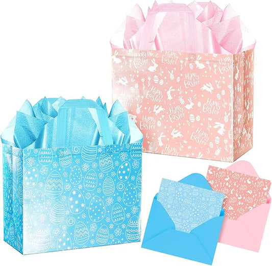 XiaosRen 2Pack Large Happy Easter Gift Bags with Card, Envelope and Tissue Paper, Reusable Non-Woven Bag with Handles for ...