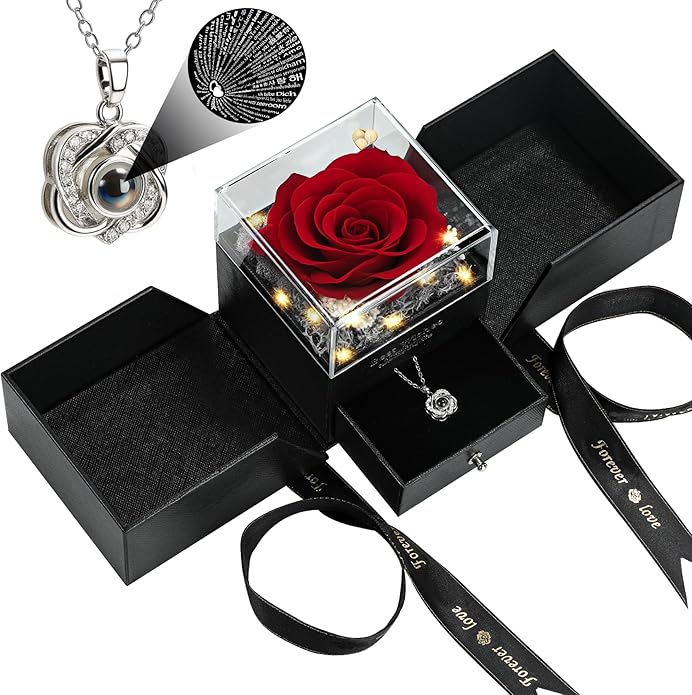 woxafo Preserved Real Red Rose with I Love You Heart Necklace 100 Languages - Eternal Flowers Rose Birthday Gifts for Wome...