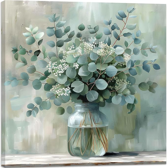 FWAHREN Botanical Eucalyptus Canvas Wall Art, Framed Sage Green Plant Prints Artwork, Farmhouse Wild Flower Pictures, Larg...