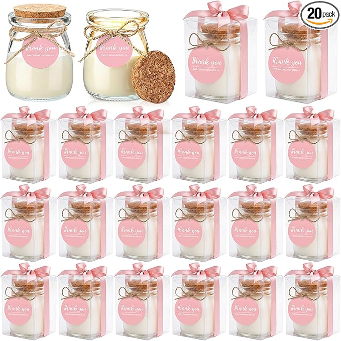 MTLEE 20 Sets Pink Wedding Candle for Guests Pink Thank You Candles Gift Bulk Glass Jars Scented Soy Wax with Clear Gift B...