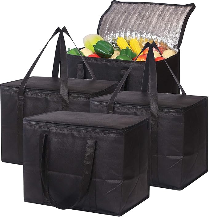 Set of 4 Large Insulated Reusable Grocery Bags with Sturdy Zipper and Handles, Foldable Washable Heavy Duty Cooler Totes f...