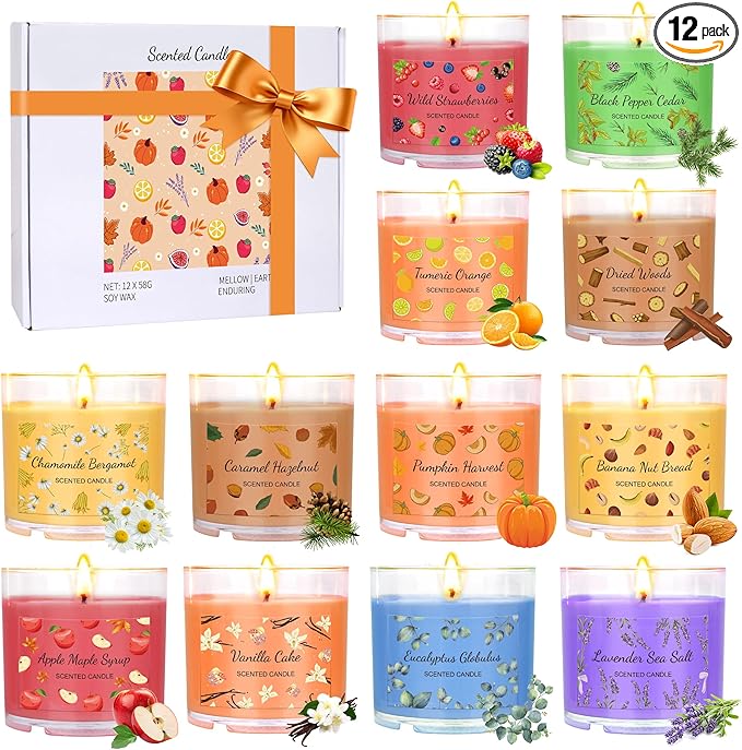Fall Candles Bulk, 12 Pack Scented Candles for Home, Candle Set for Women, Small Soy Candles Scent of Pumpkin Vanilla Cara...